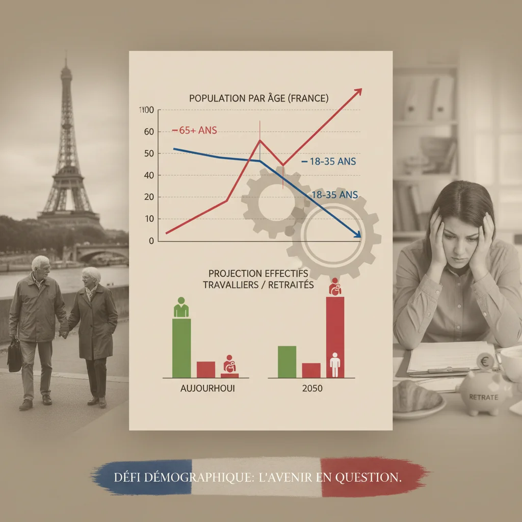 Graphiques et symboles illustrant le vieillissement de la population française et ses implications économiques.