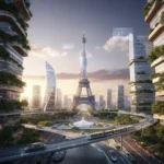 Paysage urbain futuriste en France au coucher du soleil, symbolisant les villes intelligentes et l'innovation urbaine.