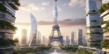 Paysage urbain futuriste en France au coucher du soleil, symbolisant les villes intelligentes et l'innovation urbaine.