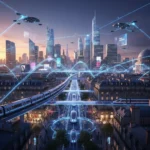 Paysage urbain français futuriste avec des infrastructures intelligentes et des flux de données lumineux, symbolisant les villes intelligentes en 2026.
