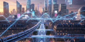 Paysage urbain français futuriste avec des infrastructures intelligentes et des flux de données lumineux, symbolisant les villes intelligentes en 2026.