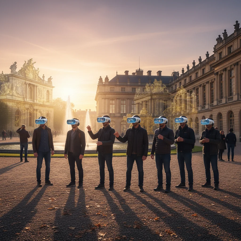 Touristes utilisant des casques de réalité virtuelle pour explorer une reconstitution historique du Château de Versailles.
