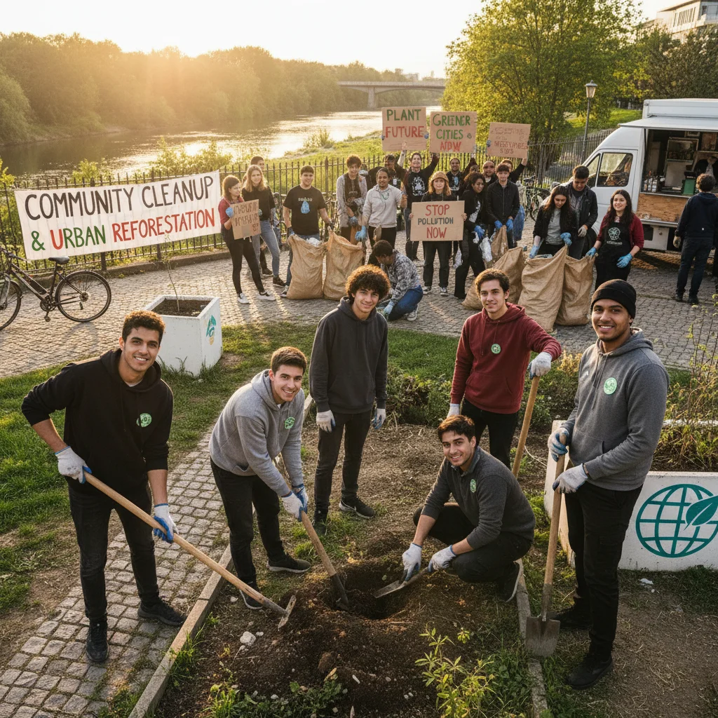 Groupe de jeunes participant à une action communautaire ou une manifestation, soulignant l'engagement sur des causes concrètes.