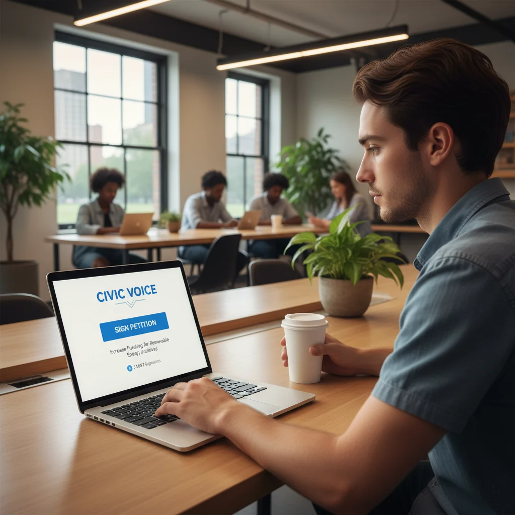 Jeune utilisant un ordinateur portable pour s'engager en ligne, illustrant l'activisme numérique des 18-25 ans.