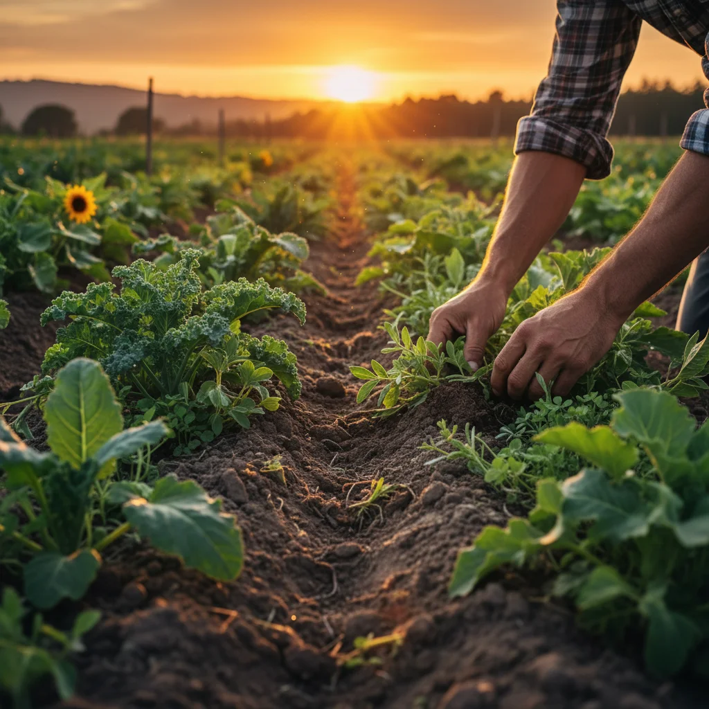 Mains d'agriculteur travaillant la terre dans un champ, illustrant l'agriculture régénératrice.