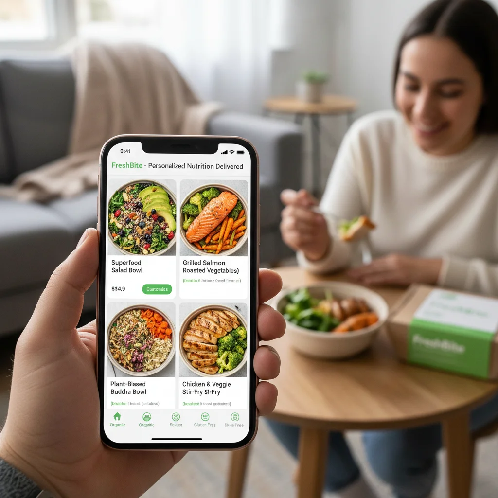 Application de livraison de repas sains sur un smartphone, illustrant la personnalisation et la commodité des nouvelles habitudes alimentaires.