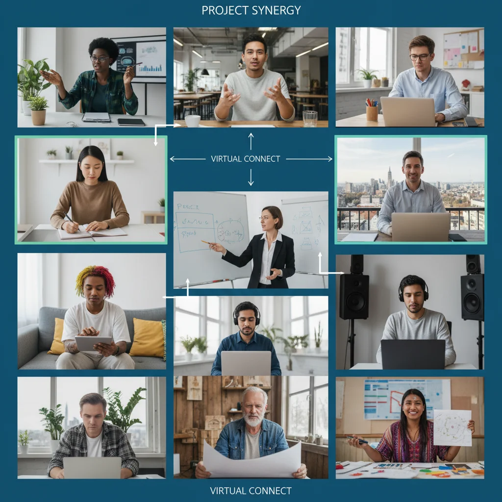 Équipe multiculturelle collaborant à distance via visioconférence, illustrant la communication et collaboration virtuelles efficaces.