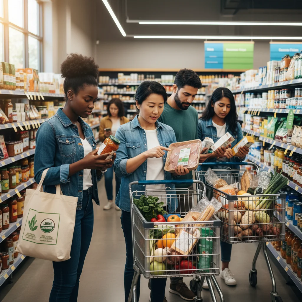 Consommateurs attentifs lisant les étiquettes des produits en supermarché, soulignant l'importance de l'origine et de la durabilité.