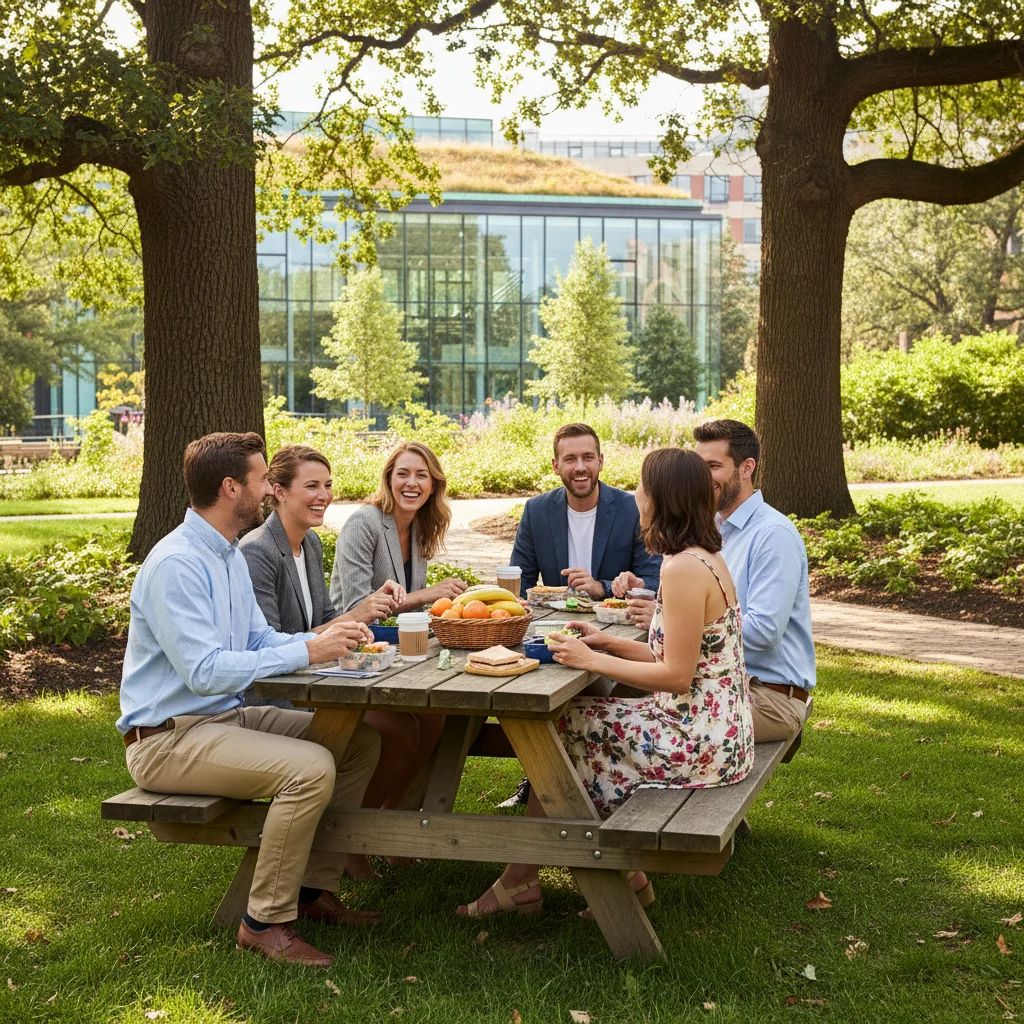 Collègues partageant un moment de convivialité et d'échange pendant leur pause déjeuner en extérieur.