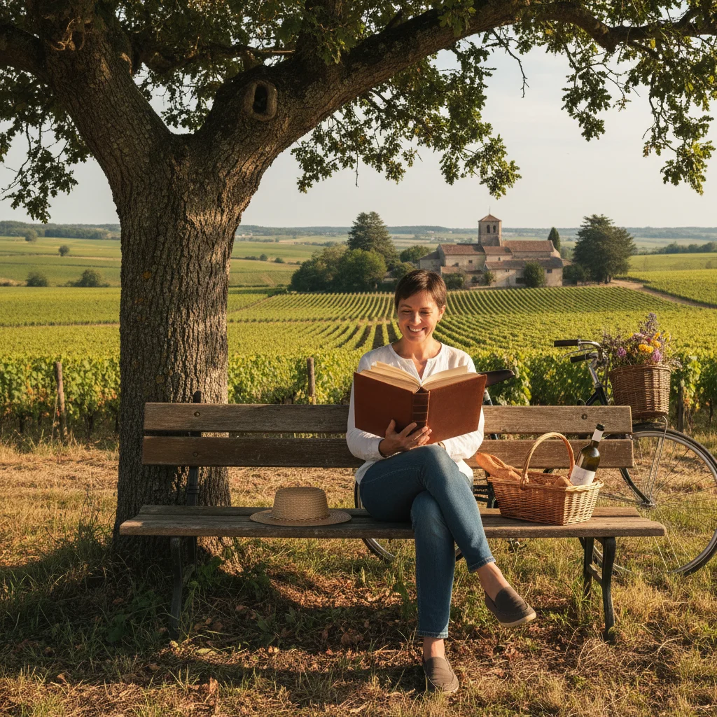 Personne lisant un livre en plein air dans un paysage français, profitant de la déconnexion