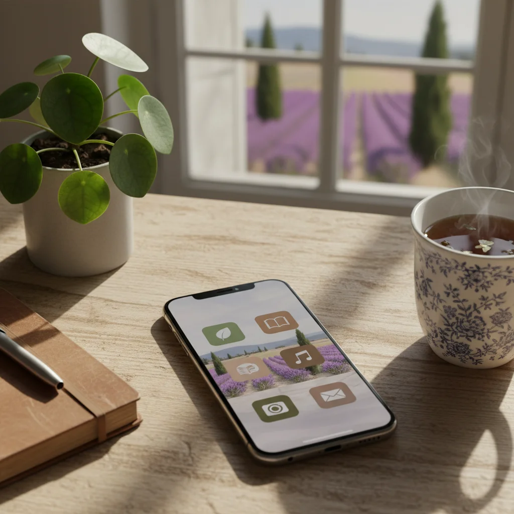 Écran de smartphone épuré avec applications essentielles, symbolisant le tri numérique