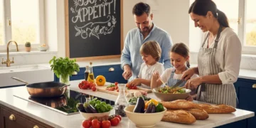 Famille française moderne préparant un repas sain et équilibré dans une cuisine lumineuse, symbolisant les nouvelles habitudes alimentaires.