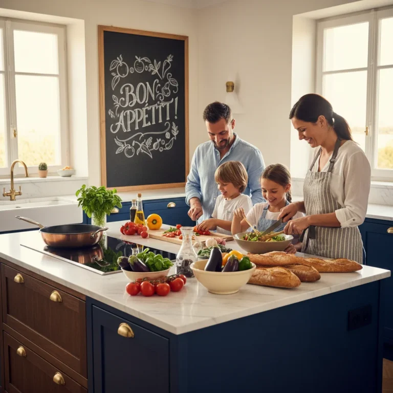 Famille française moderne préparant un repas sain et équilibré dans une cuisine lumineuse, symbolisant les nouvelles habitudes alimentaires.