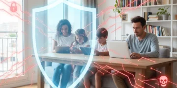Famille française utilisant des appareils numériques protégés par un bouclier de sécurité numérique en 2026