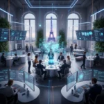Professionnels français collaborant dans un bureau futuriste avec des technologies numériques avancées, symbolisant le futur du travail.