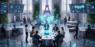 Professionnels français collaborant dans un bureau futuriste avec des technologies numériques avancées, symbolisant le futur du travail.
