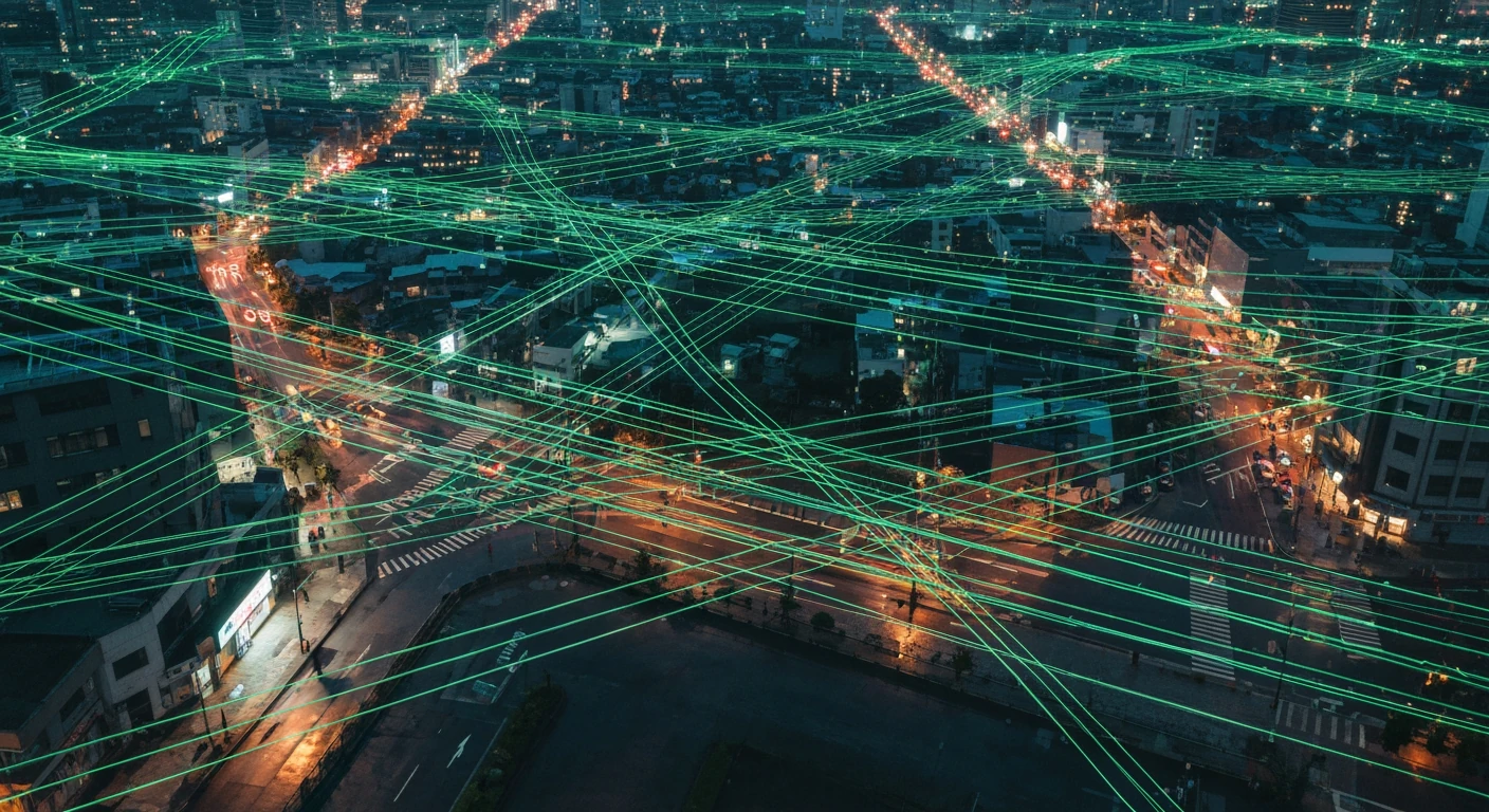 Vue aérienne d'une ville au crépuscule avec un réseau lumineux de fibres optiques superposé, symbolisant la culture numérique et l'interconnexion moderne.