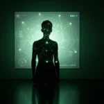 Au-delà des Écrans : L'Émergence des Nouvelles Cultures Numériques Silhouette d'une personne interagissant avec un réseau holographique vert lumineux, symbolisant l'identité numérique et l'extension de soi dans la culture digitale.