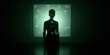 Silhouette d'une personne interagissant avec un réseau holographique vert lumineux, symbolisant l'identité numérique et l'extension de soi dans la culture digitale.