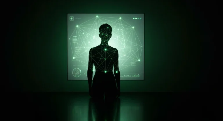 Silhouette d'une personne interagissant avec un réseau holographique vert lumineux, symbolisant l'identité numérique et l'extension de soi dans la culture digitale.
