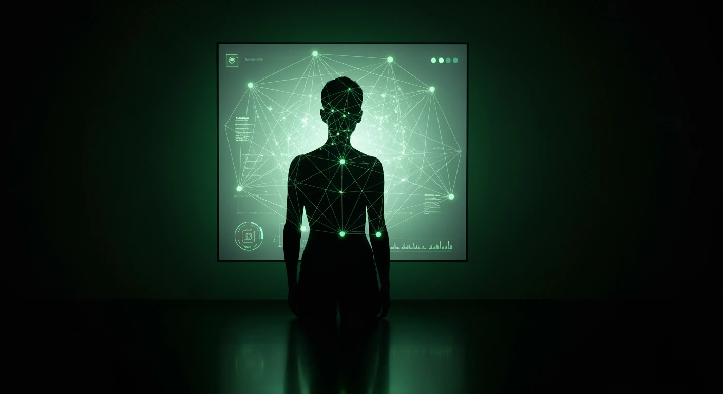 Silhouette d'une personne interagissant avec un réseau holographique vert lumineux, symbolisant l'identité numérique et l'extension de soi dans la culture digitale.