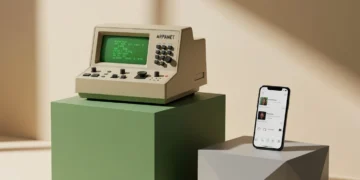 Une photographie professionnelle d'un terminal ARPANET vintage et d'un smartphone moderne, symbolisant l'évolution de la culture numérique.