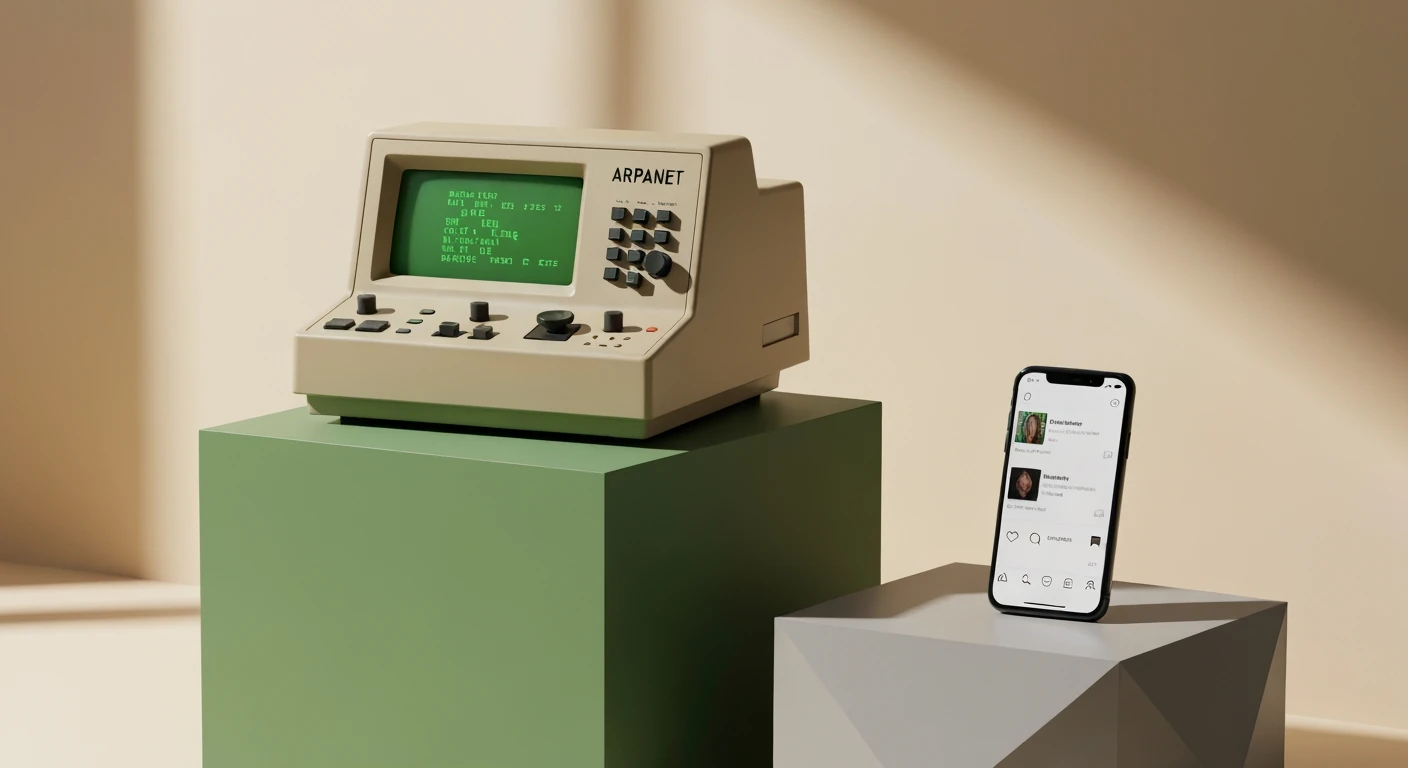 Une photographie professionnelle d'un terminal ARPANET vintage et d'un smartphone moderne, symbolisant l'évolution de la culture numérique.