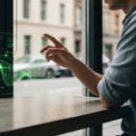 Une personne vue de dos, interagissant avec une interface numérique transparente, des motifs lumineux verts superposés sur une scène urbaine à travers une fenêtre de café, illustrant l'influence algorithmique sur la culture numérique.