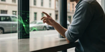 Une personne vue de dos, interagissant avec une interface numérique transparente, des motifs lumineux verts superposés sur une scène urbaine à travers une fenêtre de café, illustrant l'influence algorithmique sur la culture numérique.
