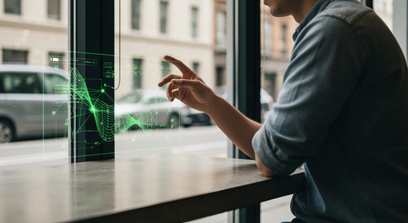 Une personne vue de dos, interagissant avec une interface numérique transparente, des motifs lumineux verts superposés sur une scène urbaine à travers une fenêtre de café, illustrant l'influence algorithmique sur la culture numérique.