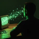 Une personne vue de dos, assise à une table en bois, observant une projection numérique verte de données interconnectées émanant d'un moniteur rétro, symbolisant l'écosystème numérique et ses mutations sociétales.