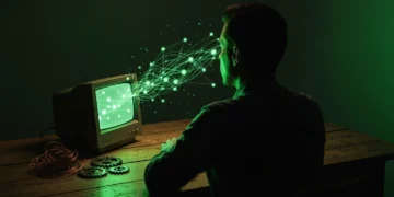 Une personne vue de dos, assise à une table en bois, observant une projection numérique verte de données interconnectées émanant d'un moniteur rétro, symbolisant l'écosystème numérique et ses mutations sociétales.