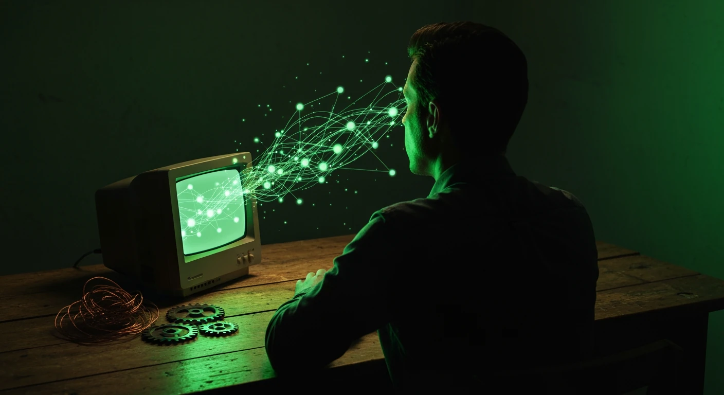 Une personne vue de dos, assise à une table en bois, observant une projection numérique verte de données interconnectées émanant d'un moniteur rétro, symbolisant l'écosystème numérique et ses mutations sociétales.