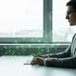 Une personne assise de profil à un bureau blanc, le visage légèrement éclairé par une lumière naturelle. Une projection numérique verte, aux formes géométriques et fines, se superpose délicatement à la scène, illustrant la fusion entre le réel et le virtuel.