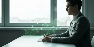 Une personne assise de profil à un bureau blanc, le visage légèrement éclairé par une lumière naturelle. Une projection numérique verte, aux formes géométriques et fines, se superpose délicatement à la scène, illustrant la fusion entre le réel et le virtuel.