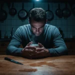 Une personne vue de près, mains autour d'une tasse sur une table en bois marquée, visage éclairé par un smartphone dans une cuisine sombre, reflétant l'immersion numérique contemporaine.