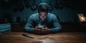 Une personne vue de près, mains autour d'une tasse sur une table en bois marquée, visage éclairé par un smartphone dans une cuisine sombre, reflétant l'immersion numérique contemporaine.