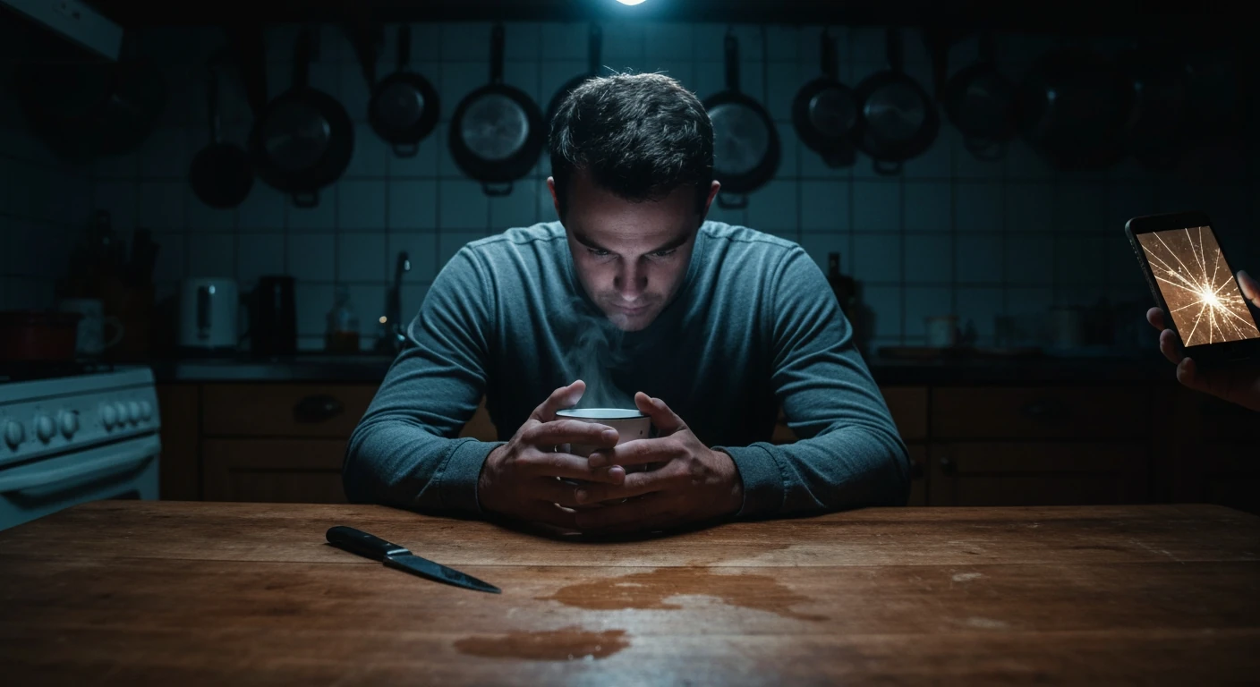Une personne vue de près, mains autour d'une tasse sur une table en bois marquée, visage éclairé par un smartphone dans une cuisine sombre, reflétant l'immersion numérique contemporaine.