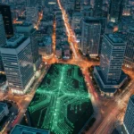 Vue aérienne urbaine au crépuscule, des lumières vertes symbolisent les flux de connexion numérique et les habitudes modernes redéfinies par la technologie.