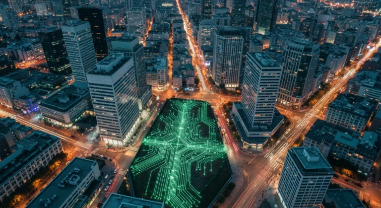 Vue aérienne urbaine au crépuscule, des lumières vertes symbolisent les flux de connexion numérique et les habitudes modernes redéfinies par la technologie.