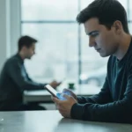 Le Cœur Battant de l'Ère Numérique: Décrypter les Courants Sociaux et Technologiques Une personne absorbée par son smartphone, un léger halo bleu éclairant son visage, tandis qu'une autre silhouette humaine floue se trouve en arrière-plan dans un café moderne et minimaliste. L'image capture la fragmentation des interactions due à l'omniprésence du numérique dans le quotidien.