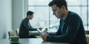 Une personne absorbée par son smartphone, un léger halo bleu éclairant son visage, tandis qu'une autre silhouette humaine floue se trouve en arrière-plan dans un café moderne et minimaliste. L'image capture la fragmentation des interactions due à l'omniprésence du numérique dans le quotidien.
