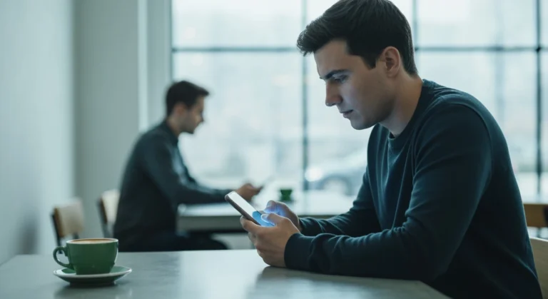 Une personne absorbée par son smartphone, un léger halo bleu éclairant son visage, tandis qu'une autre silhouette humaine floue se trouve en arrière-plan dans un café moderne et minimaliste. L'image capture la fragmentation des interactions due à l'omniprésence du numérique dans le quotidien.