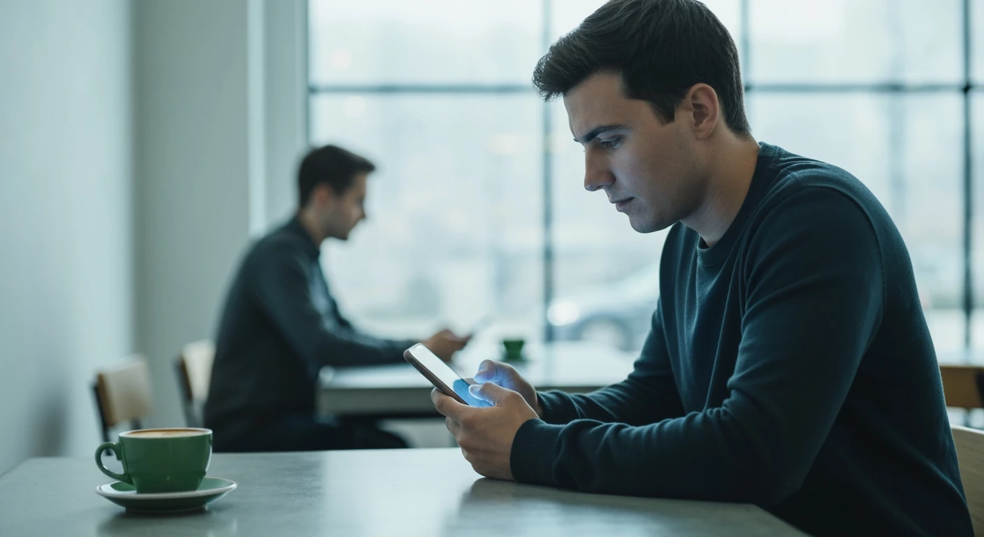 Une personne absorbée par son smartphone, un léger halo bleu éclairant son visage, tandis qu'une autre silhouette humaine floue se trouve en arrière-plan dans un café moderne et minimaliste. L'image capture la fragmentation des interactions due à l'omniprésence du numérique dans le quotidien.