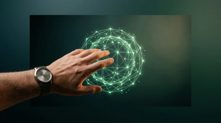 Une main humaine tendue vers une projection holographique verte et géométrique, symbolisant la conscience collective numérique et l'interconnexion globale.