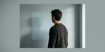 Image d'une personne de dos, observant une interface numérique bleue-verte représentant un réseau complexe, symbolisant le citoyen numérique et son identité en ligne.