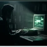 Une personne, vue de côté, tapant sur une machine à écrire mécanique avec un moniteur CRT vert lumineux en arrière-plan, symbolisant la genèse des idées numériques et l'accès démocratisé à la publication.