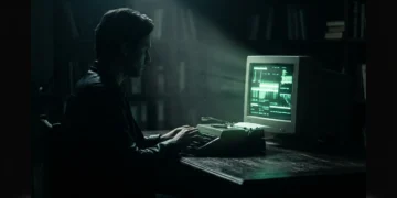 Une personne, vue de côté, tapant sur une machine à écrire mécanique avec un moniteur CRT vert lumineux en arrière-plan, symbolisant la genèse des idées numériques et l'accès démocratisé à la publication.