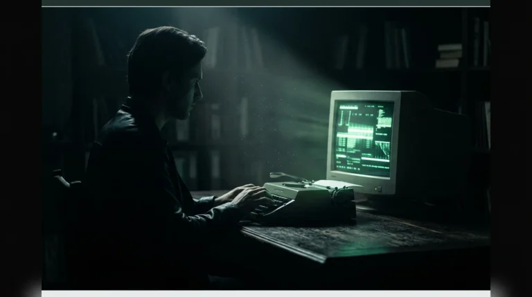 Une personne, vue de côté, tapant sur une machine à écrire mécanique avec un moniteur CRT vert lumineux en arrière-plan, symbolisant la genèse des idées numériques et l'accès démocratisé à la publication.