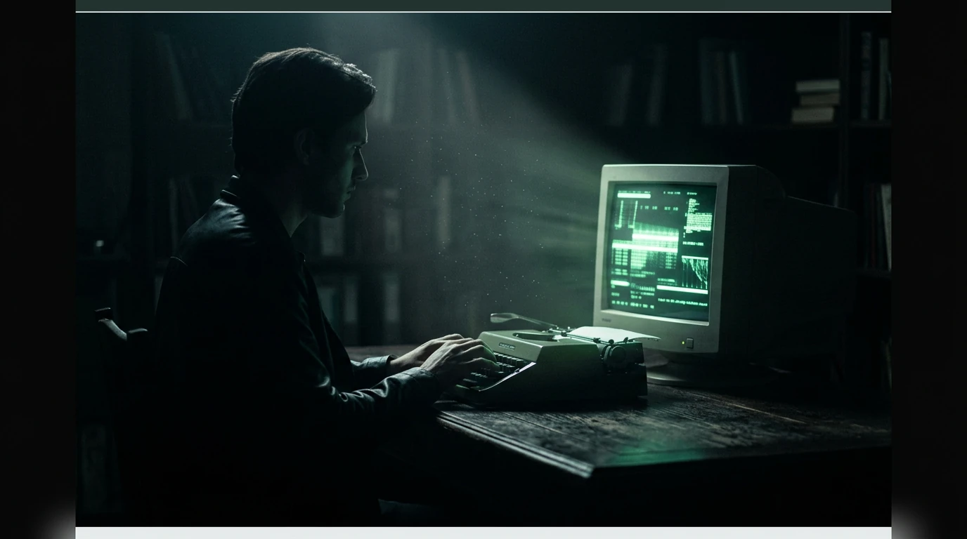 Une personne, vue de côté, tapant sur une machine à écrire mécanique avec un moniteur CRT vert lumineux en arrière-plan, symbolisant la genèse des idées numériques et l'accès démocratisé à la publication.
